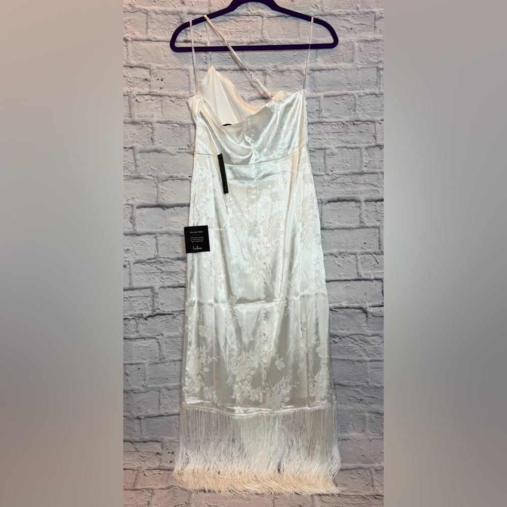 Lulu's Cream Satin Fringe Maxi Dress - Picture 3 of 4